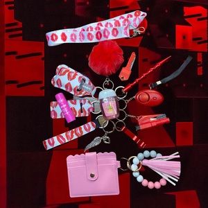 Red Lips Kisses Safety Keychain with Red Lips Lanyard & Red ID Wristlet Set